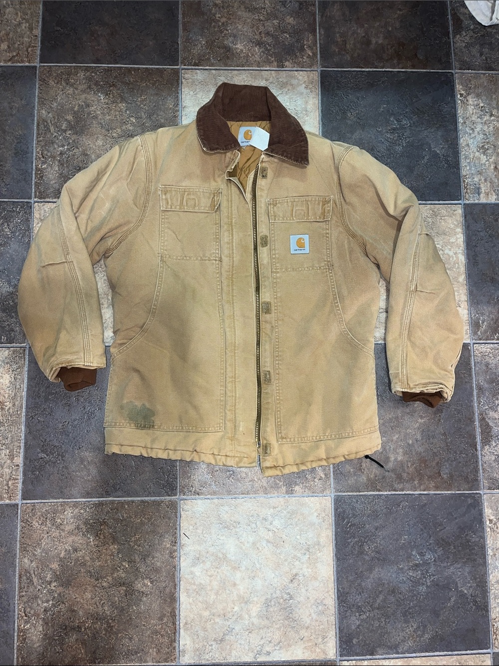 Vintage Carhartt Tan Duck Jacket with Brown Corduroy Collar